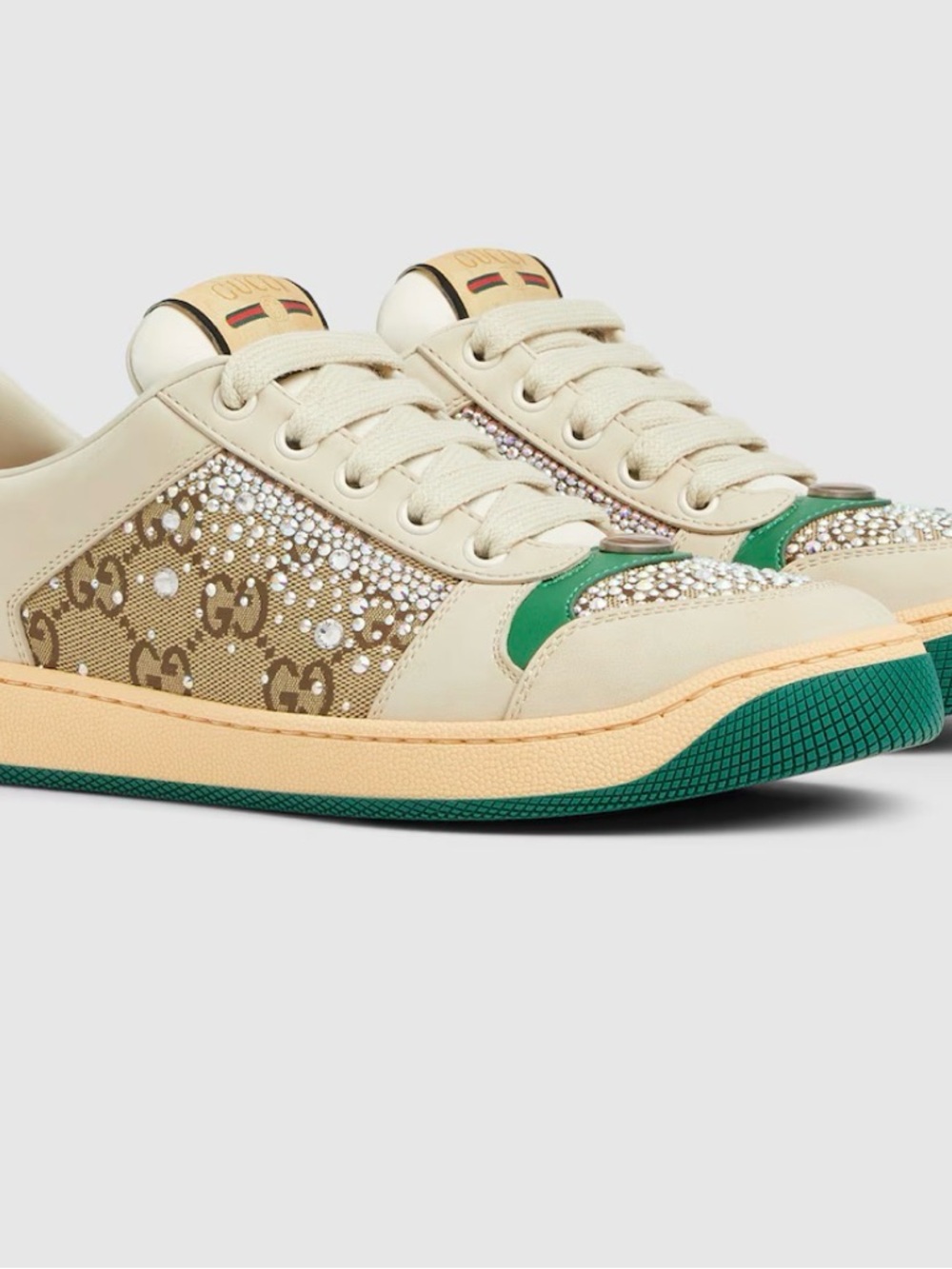 Gucci Cream & Green GG Crystal Low-Top Sneakers